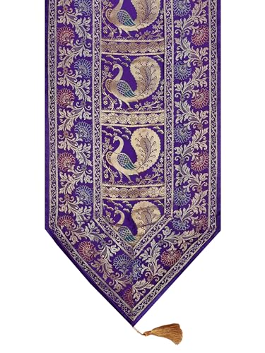 Image of Banarasi Brocade Zari Silk Table Runner Dinning & Centre Table Runner 177 By 30 CM (Purple, Peacock)