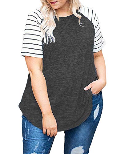 DOLNINE Women's Plus Size T-Shirt Short Sleeve Raglan Striped Tops Tunic Dark Grey-24W
