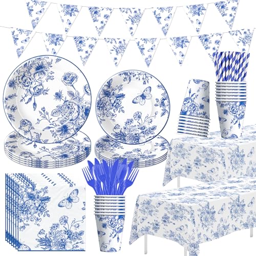 FVABO Blue and White Floral Paper Plates, Elegant Flower Party Supplies, Plate, Napkin, Cup, Cutlery, Tablecloth, Banner, For Birthday Baby Bridal Shower Wedding Chinoiserie Decor, Serves 24