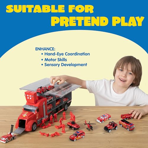 Image of JOYIN 25 in 1 Fire Truck Vehicle Toy Set with Sounds and Lights, Fire Engine Vehicles in Carrier Truck, Mini Rescue Emergency Car Toy, Birthday Gifts for Over 3 Years Old Boys