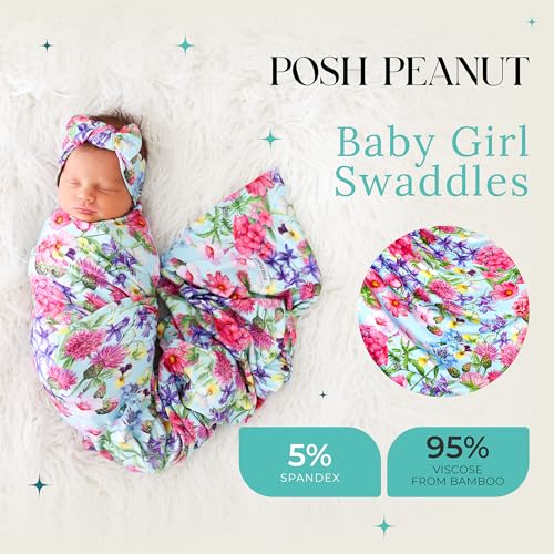 Image of Posh Peanut Soft Baby Swaddle & Headband Set - Viscose from Bamboo Newborn Wrap Receiving Blanket, Nursing or Stroller Cover (Hadley