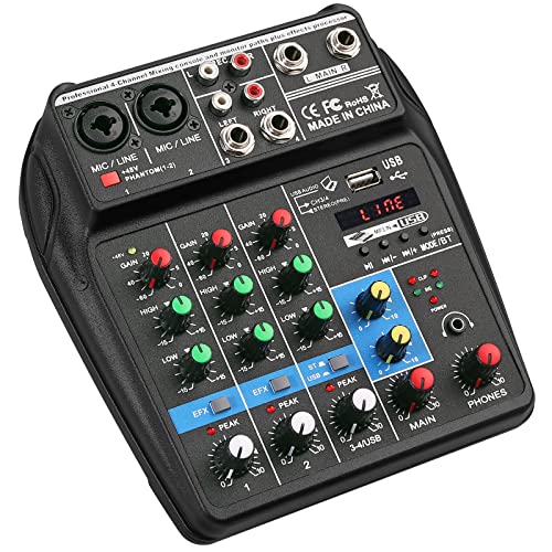 Mesas De Mezclas Mezclador de Audio de 4 Canales con Tarjeta de USB Mezclador de Sonido Estéreo Bluetooth USB Consola Mezcladora con...