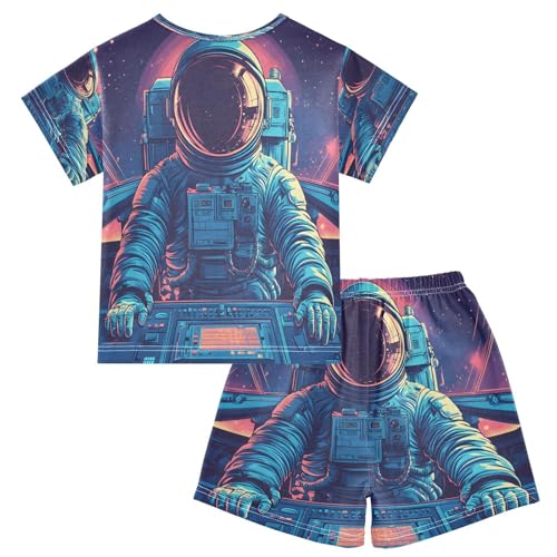 ALAZA Astronaut Driving Space Pajamas Set Short Sleeve Cotton Sleepwear Summer Pjs 2 Piece 5-14Y2