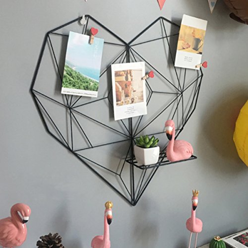 Laugh Cat Creative Heart Shape Iron Grid Photo Wall Picture Display Hanging Panel Wall Photo Message Board Metal Shelves (Iron-Black) #TOP2