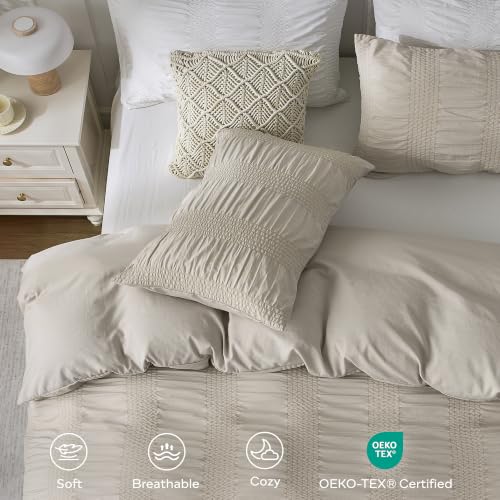Image of JELLYMONI Seersucker Duvet Cover Set King, 3pcs Oatmeal-Wide Polyester | In Spacious Master, Couples & Pets, Crinkled Texture, Oeko-Tex Certified, 8 Corner Ties & Hidden Zipper