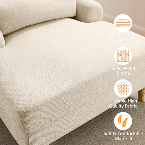Condemo Modern Chaise Lounge Chair, Upholstered Indoor Leisure Sofa Recliner, Chair Sleeper with Solid Wood Legs & Lumbar Pillow for Bedroom, Living Room, Study Room, Office, Beige White