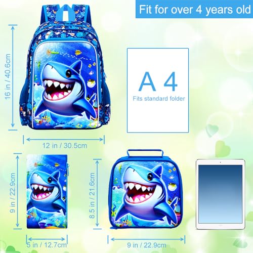 Image of 16 inch Shark Backpack for Boy, 3Pcs School Backpacks with Lunch Box, Kids Bookbag for Elementary Preschool Kindergarten(Blue)