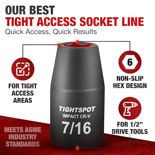 Image of TIGHTSPOT 1 /2 Inch Drive - 7 /16 Inch Shallow Impact Socket with Anti-Rounding 6 Point Design, Heat-Treated CRV Steel
