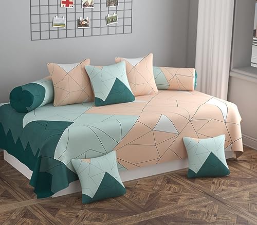 Image of Microfiber Fabric 8Pcs Diwan Blend Set of 60X90 Inch 1Bedsheet 16x16inch 5Cushion Covers 18x28 inch 2Bolster Covers (Green Beige)