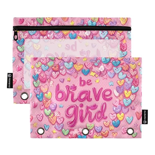 Pencil Pouch for 3 Ring Binder,Pencil Pouches Case Binder Pencil Bags with Zipper&Clear Window Reinforced Grommets for School Children Office Examinations 2 Pack Be Brave Girl Hearts Stars Pink