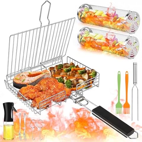 Grill Basket,11pcs Rolling Grill Baskets For Outdoor Grill With Barbeque Grilling Accessories,Stainless Steel Barbecue Folding Grill Basket With Handle,Brush,Portable Bbq Camping For Fish,Shrimp,Vegetables,Christmas Birthday Gifts For Men Dad Cover