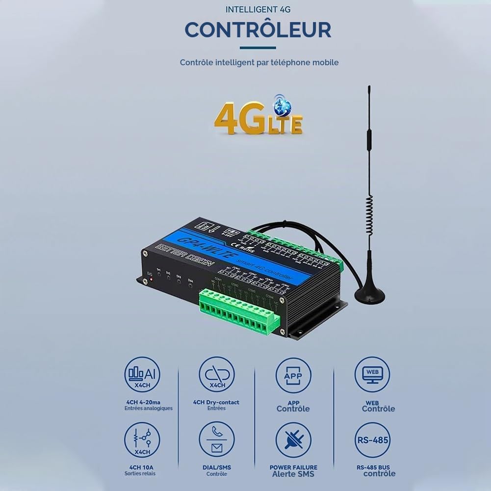 GP4-WLTE Est Un Contrôleur Intelligent 4G GSM Global avec Application SMS. Il Dispose de 4 Entrées Analogiques 4-20 MA et de 4 Sorties de Relais de 10A, avec Prise EU.