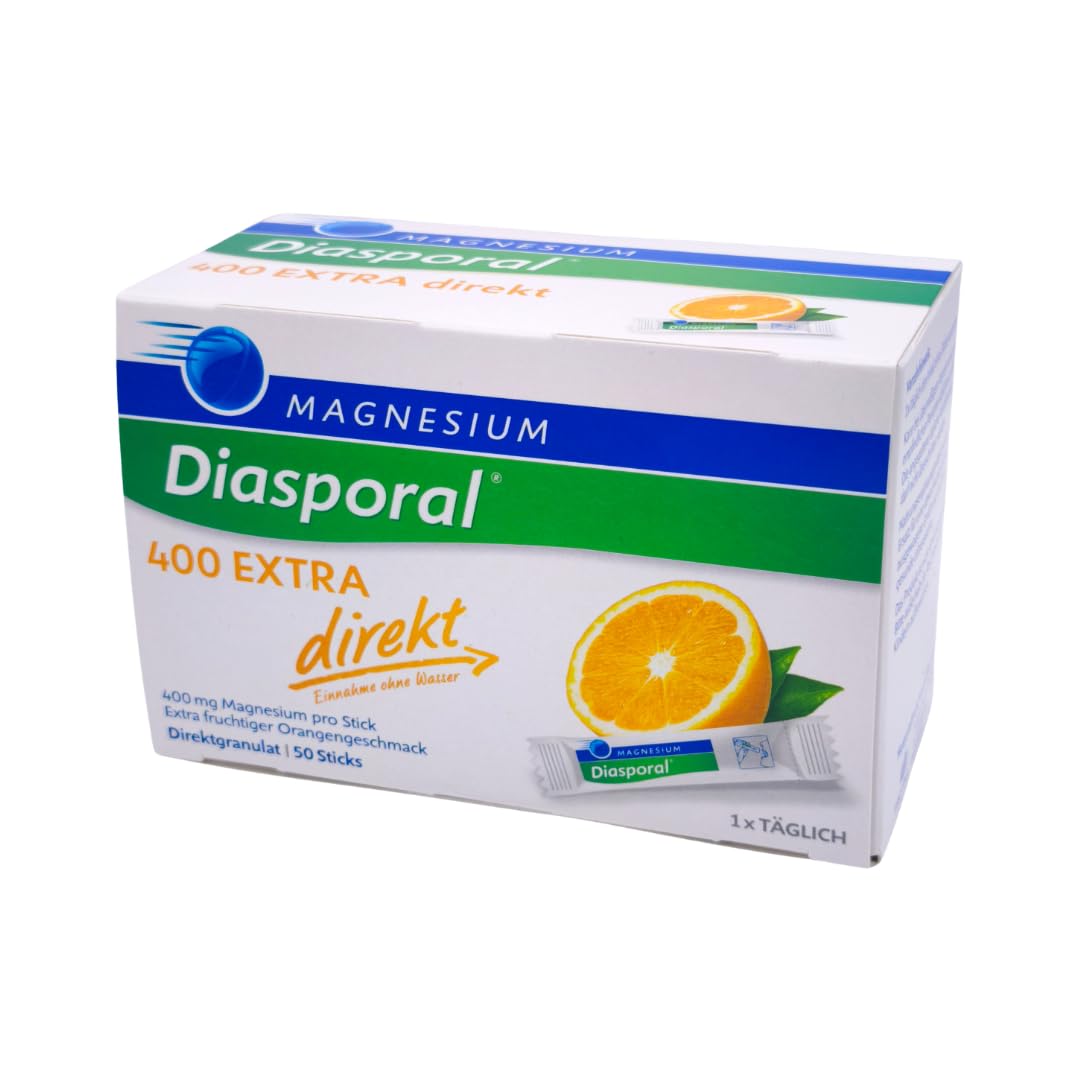 Magnesium Diasporal 400 EXTRA direkt 50 Sticks I Magnesium hochdosiert 400 mg I Direktgranulat ohne Wasser I Magnesium Sticks fruchtig Orange I vegan, zuckerfrei I mit Pharma Perle Duschgel (2x)