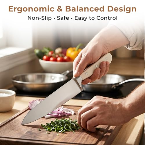Image of HomeEssentials 4-Piece Knife Set: Ultra-Sharp High-Carbon Stainless Steel Chef, Nakiri & Paring Knives + Multi-Purpose Shears Ergonomic Cream Triple-Rivet Handles for Precise Slicing & Dicing