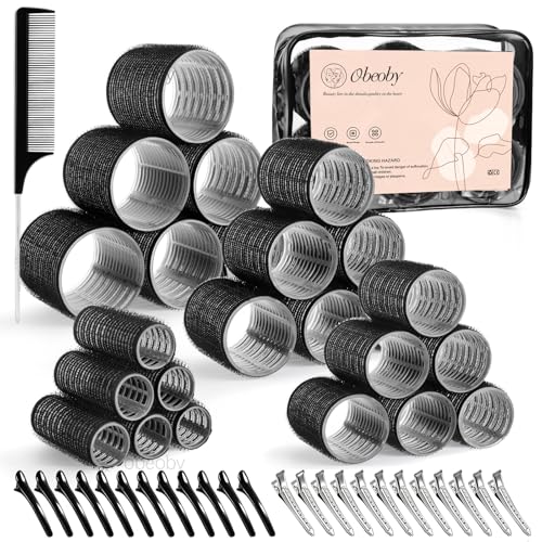 4 Sizes Self-Grip Hair Rollers Set - 50 Pcs Jumbo Curlers for Long, Short Hair and Bangs (25mm, 36mm, 48mm, 60mm) With Clips, Black