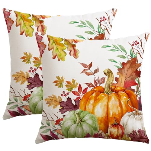 Artscope Fall Decorative Throw Pillow Covers 18x18 Inch Set of 2, Watercolor Pumpkin Fallen Leaves Outdoor Farmhouse Pillow Cases for Home Sofa Couch-Orange
