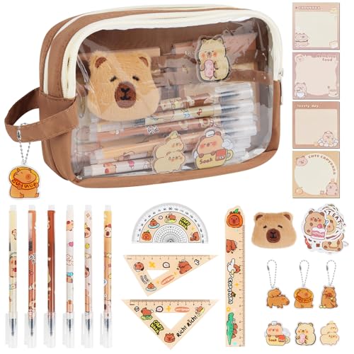 LHOEST Estuche Capibara Papeleria Kawaii 52 Piezas Capybara Estuche Escolar Niña Chico Capybara Bolis Negro Pegatinas Capibara Llavero Cosas de Capibara Reglas Animal Estuche de Capibara Pencil Case