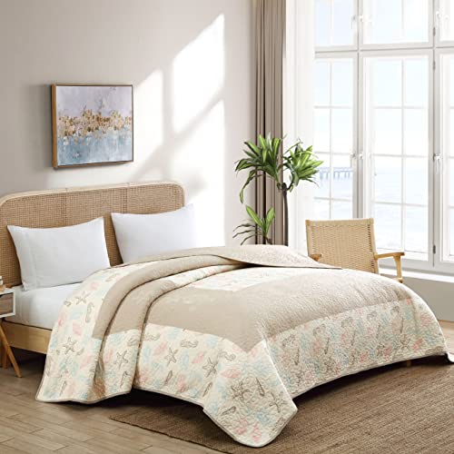 Beatrice Home Fashions Fine Shell Coastal Embroidered Bedspread, Lightweight, All-Season, Full, Cream