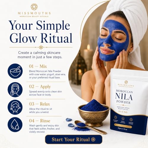 Image of Moroccan Nila Powder - Indigo Blue Face Pack for Skin Brightening, Tan Removal & Detox | Traditional Moroccan Hammam Beauty Treatment for Face & Body Care | 50g (50G - PACK OF 1)