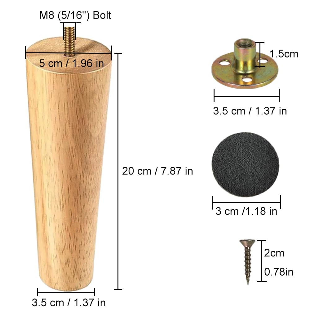 Pieds de meubles en Bois 20cm Pied de Table 4 Pièces Pieds de Table en Bois Conique Massif Pieds de Canapé Pieds de Meubles de Remplacement avec Vis de Plaque de Montage et Tapis Antidérapant