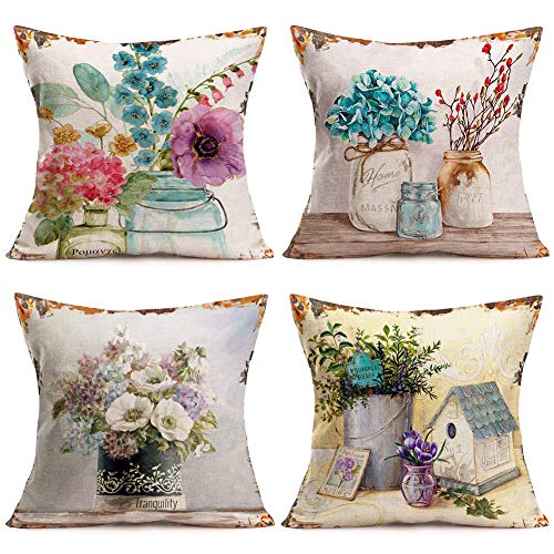 Qinqingo Lot de 4 housses de coussin décoratives vintage shabby chic en coton et lin avec motif floral de style français - 45,7 x 45,7 cm - Pour salon,...