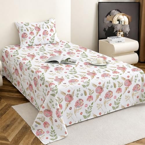 Image of 240 TC Soft Ezyption Floral Single Bed Sheet Cotton - Single bedsheet with 1 Pillow Cover Hypoallergenic, Brethable, (Size- 60 x 90 Inch | White Green