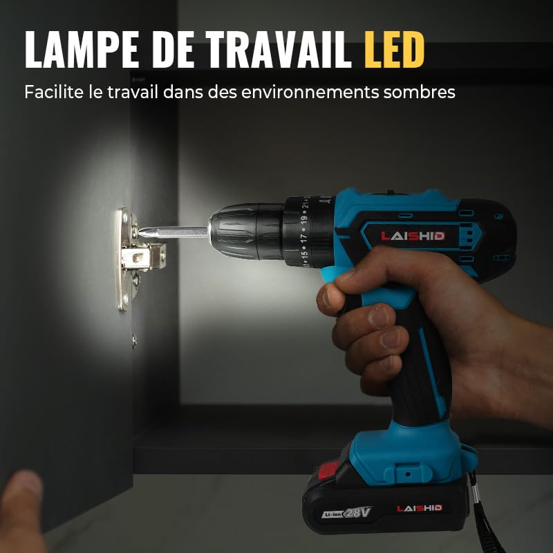 28V Akkuschrauber, Akkubohrer mit 2x6500 mAh Akkus, Akku Bohrmaschine mit Licht,32 N.m Max akkubohrer,Drehmoment auf 25+3 Stufen,Akkuschrauber Set für Haus und Garten DIY Projekt (28V) – Bild 8