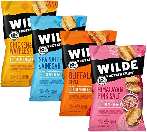 Wilde Chips Variety 4 Pack - Thin and Crispy, High Protein, Keto, Made with Real Chicken - (2.25oz Bag) In Sanisco Packaging