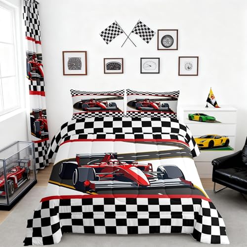 Castle Fairy Racing Car Comforter Set,Racing Theme Bedding Set for Kids Girls Women,Adults Red Car Comforter,Black White Grid Quilted Duvet Set Bedroom Collection Twin Size 2Pcs