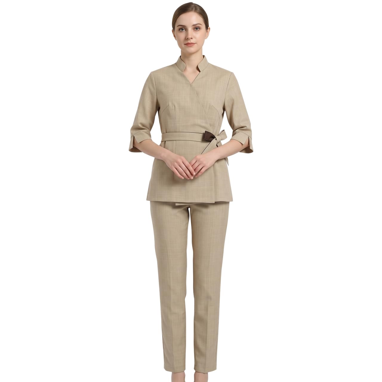 minkissy Tenue Esthéticienne Professionnelle Deux Pièces Vêtements De Travail À Col V Et Manches Longues Costume Léger Et Respirant pour Salon De Beauté Institut De Beauté Femme