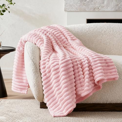 Nookly Pink Fleece Throw Blanket for Couch Soft Lightweight Ribbed Plush Blanket for Sofa and Bed All-Season Cozy Striped Throw for Women Girl 50x60 Inches