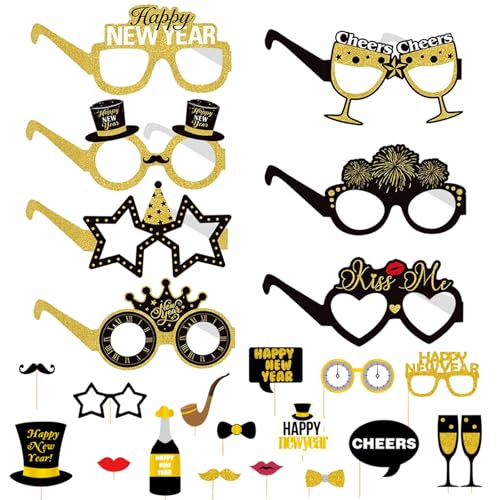 Decoracion Nochevieja 2024, Año Nuevo Accesorios para Fotos de Nochevieja, Accesorios de Fotomatón por Selfie de Feliz Año Nuevo, Comunion Atrezzo de Fotos Divertidos y Boda DIY Decoraciones