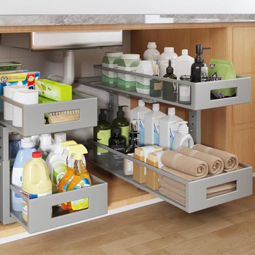 Image of 2 Packs 21IN Depth Under Sink Organizer, 2-Tier Pull Out Cabinet Organizer With Smooth Circular Rail, Large Capacity Metal Mesh Sliding Drawers For Bathroom& Kitchen Storage,Height Adjustable-Gun Gray