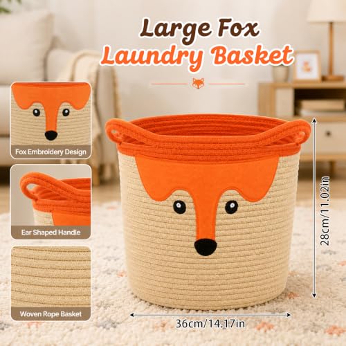 Image of Cute Fox Basket for Nursery, Large Blanket Gift Basket,14 inchDx11 inchH | Woven Rope Cotton Storage Baby Laundry 0rganizer with Animal Ears Handles,Towels Toy Clothes Gifts Storage Fox Lover Bin