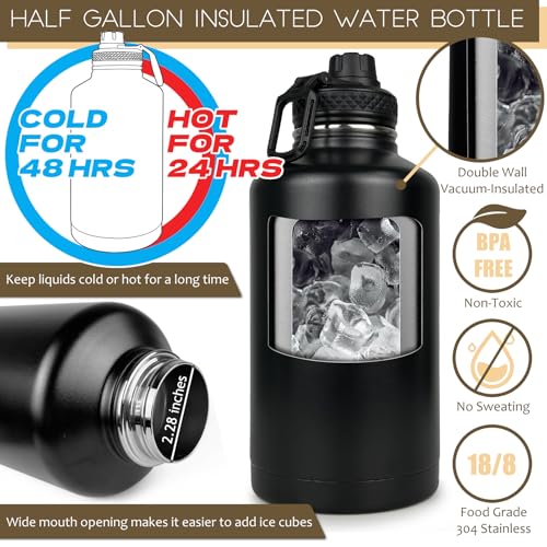 Image of Half Gallon Water Bottle with Sleeve - 64 Oz Insulated Water Jug with Strap Stainless Steel Big Gym Water Bottles for Men Sports Workout Hiking Camo Black