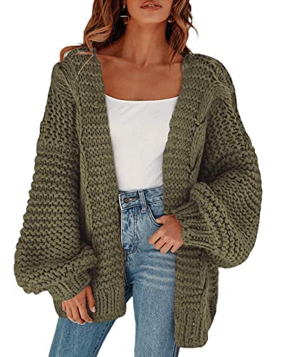 Cicy Bell Damen Strickjacken Cardigan Lose Laternenärmel Elegante Übergroße Pullover ArmeeGrün S