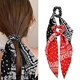 Red Bandana Hair Scrunchies for Women Black Paisley Print Hair Bow Ribbons for Ponytail Holders Hair Accessories for Girls Elastic Hair Ties with Ribbon Hair Scrunchy Bandanas Bowknot Hair Ropes 2PCS