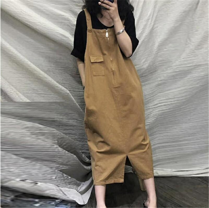 [ジュタオピン] オーバーオール レディース 春 レトロ ゆったり 着痩せ ワンピース ミモレ丈 サロペット オールインワン 体型カ