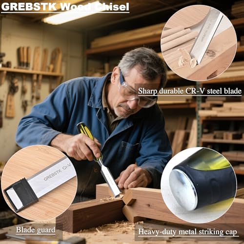 Image of GREBSTK 4-Piece Ultra-Sharp Wood Chisel Set, CR-V Steel Beveled Blades with Guards, Comfortable & Durable Handle, for Carving, DIY & Woodworking (1 /4 inch, 1 /2 inch, 3 /4 inch, 1 inch)