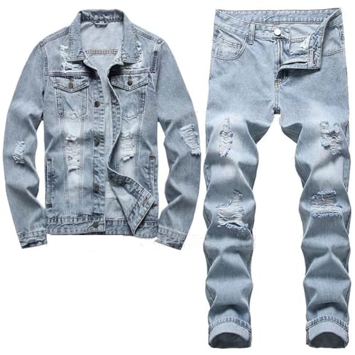 Ripped Slim-Fit Men's Pants Sets Light Blue Long Sleeve Denim Jacket And Jeans 2Pcs Set2
