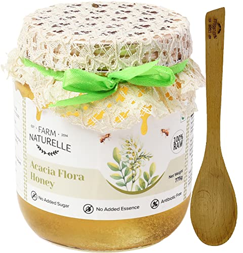 Image of Farm Naturelle Acacia Flora Wild Honey 700gm + 75g Extra |100% Pure Honey | Raw & Unfiltered|Unprocessed|Lab Tested Honey In Glass Jar with Engraved Virgin Wooden Spoon