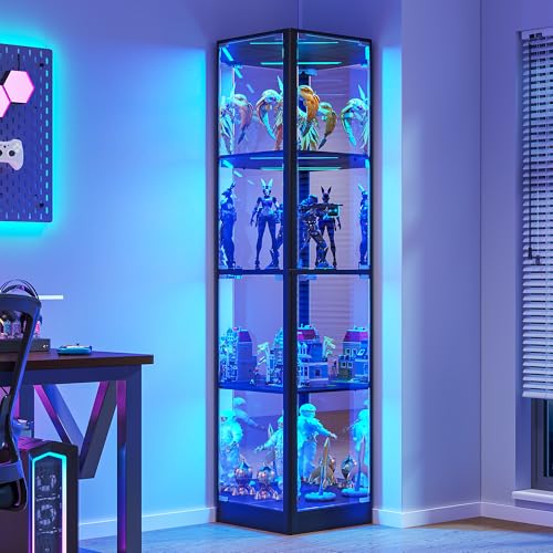 FREDEES Glas Vitrine mit LED-Beleuchtung, Eck-Glasvitrine 4-stöckige Sammlervitrine für Sammlerstücke/Spielzeug/Bücher, Verspiegelter Aufbewahrungsschrank, Schwarz