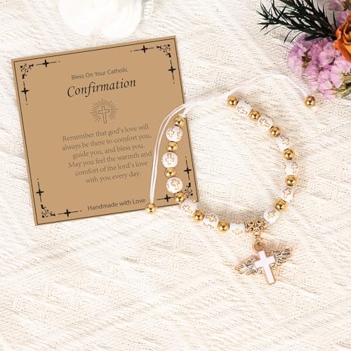 Image of Catholic Cross Bracelet for Girls First Communion Baptism Confirmation Gifts for Teen Girls Virgin Mary Charm Bracelet Handmade Jewelry Gift for Girls Women Easter Gifts for Girls (Gold)