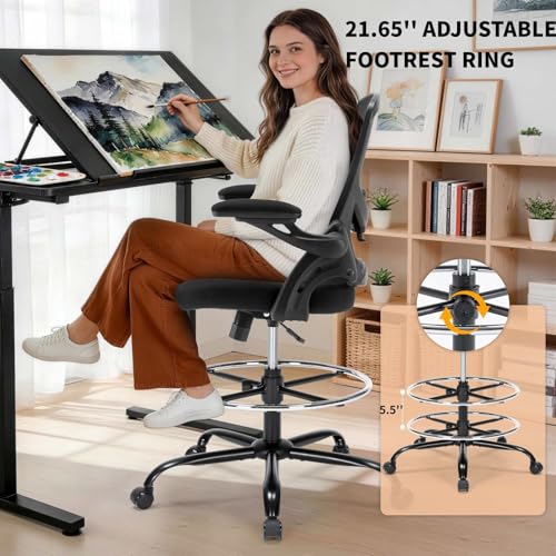 Image of Drafting Chair, Tall Office Chair for Standing Desk, Ergonomic Standing Desk Chair with Flip-up Armrests, Counter Height Office Chair with Footrest and Adjustable Lumbar Support