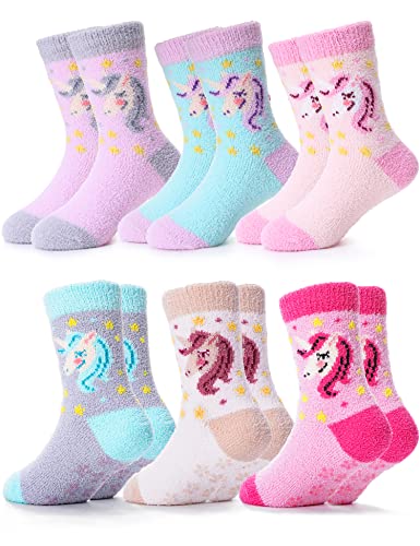 Toddler Kids Girls Unicorn Socks - Fuzzy Anti Skid Crew Slipper 6 Pack Gifts (Unicorn 4-7 Y)