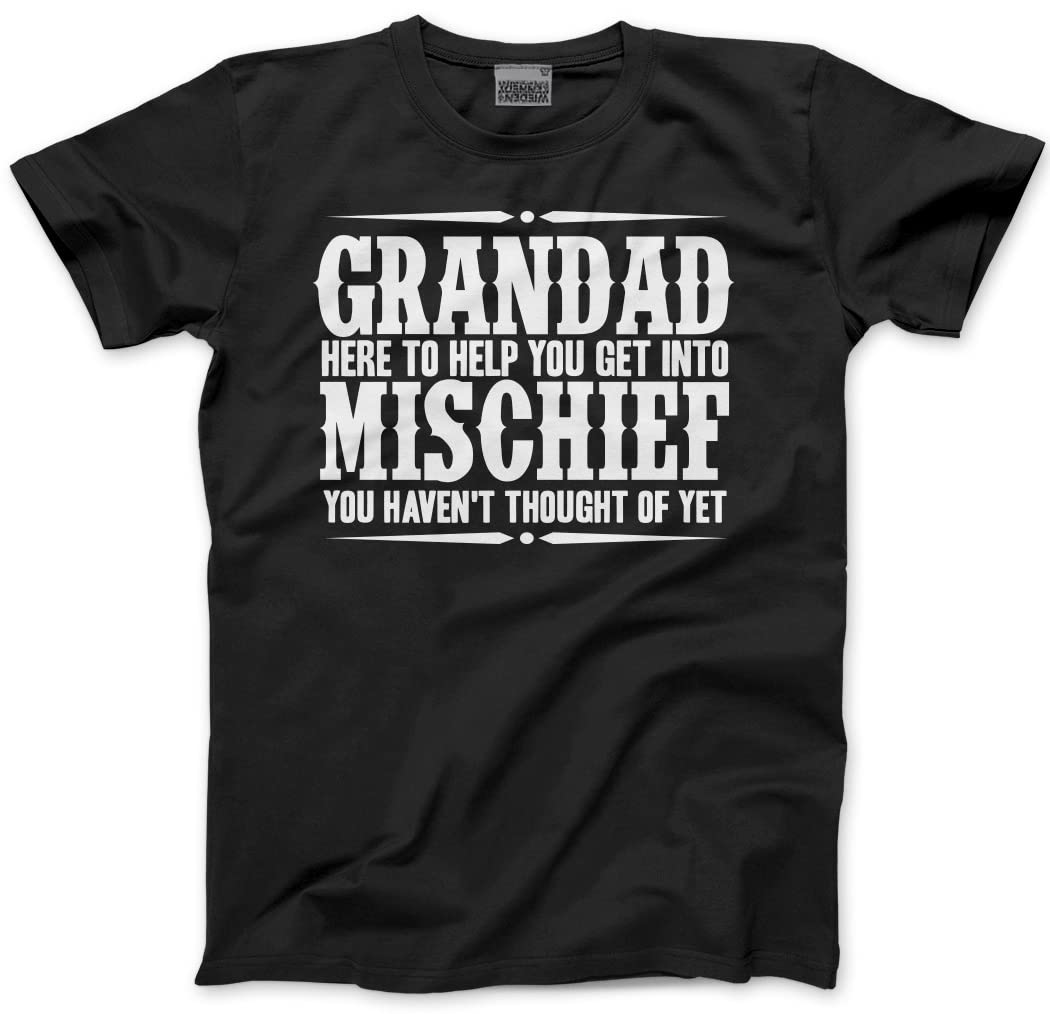 Hotscamp Men's Black Grandad Here To Help You Get Into Mischief - Unisex T-Shirt - Funny Grandad Joke L