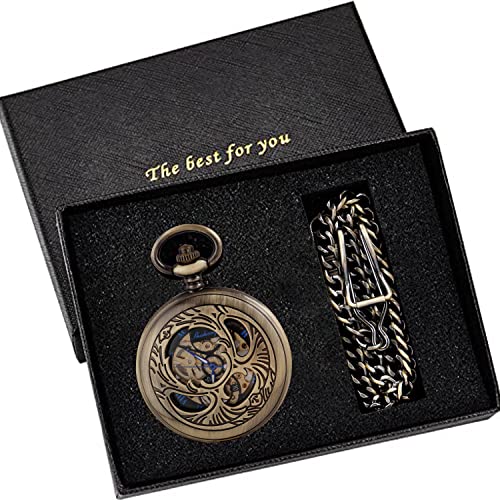 Realpoo Classic Brown Openwork Case Mechanical Pocket Watches, Mechanical Vintage Bronze Mechanical Pocket Watches Roman Numerals Black Dial Watches For Men #TOP2