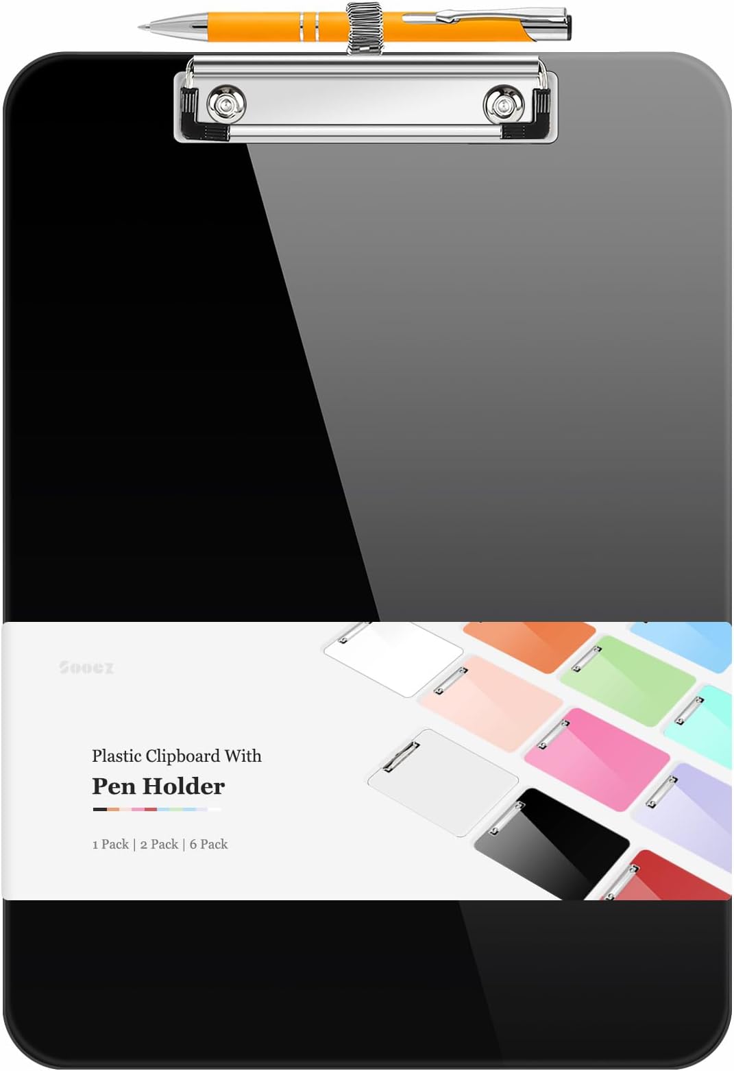 Sooez Plastic Clipboard with Pen Holder, [10% Thicker] Clip Boards 8.5x11 with Low Profile Clip, Cute Hanging Clipboard, Standard Letter Size A4 for Women Teacher, Office & School Supplies, Black