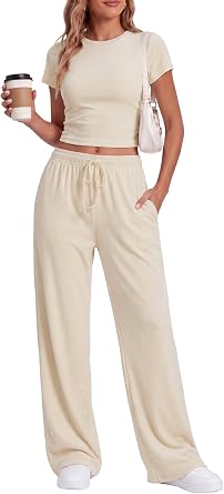 LanGui 2 Piece Sets for Women Summer 2026 Lounge Set Side Ruched Top and Wide Leg Pants for Airport Travel Vacation Outfit
