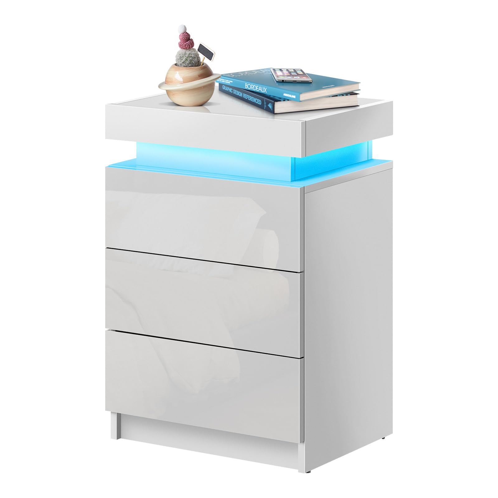 OFCASA Nightstand with LED Lights, Smart Night Stand with Flip Top Storage, Bedside Table with 3 High Gloss Drawers, Modern End Side Table for Bedroom